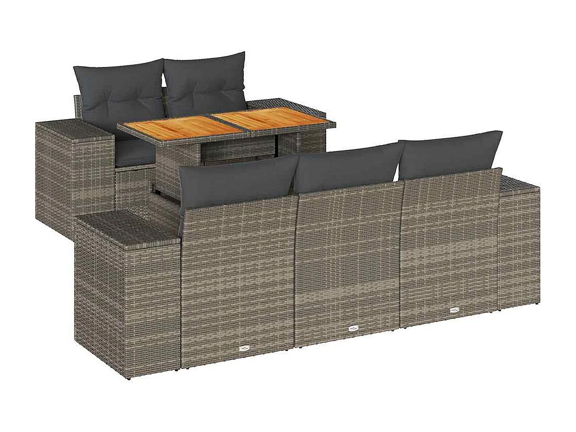 6-delige Loungeset met kussens poly rattan grijs