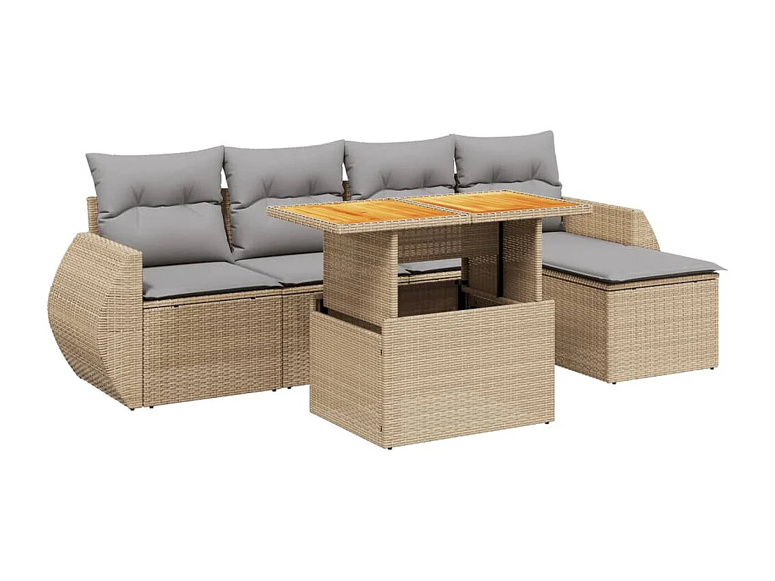 6-delige Loungeset met kussens poly rattan beige