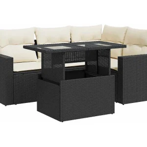 5-delige Loungeset met kussens poly rattan zwart