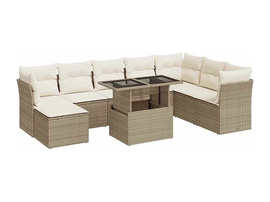 9-delige Loungeset met kussens poly rattan beige