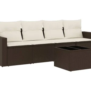 5-delige Loungeset met kussens poly rattan bruin