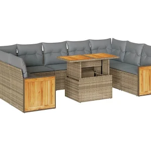 10-delige Loungeset met kussens poly rattan acacia beige
