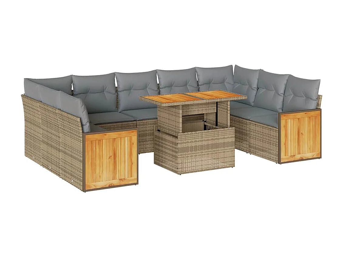 10-delige Loungeset met kussens poly rattan acacia beige