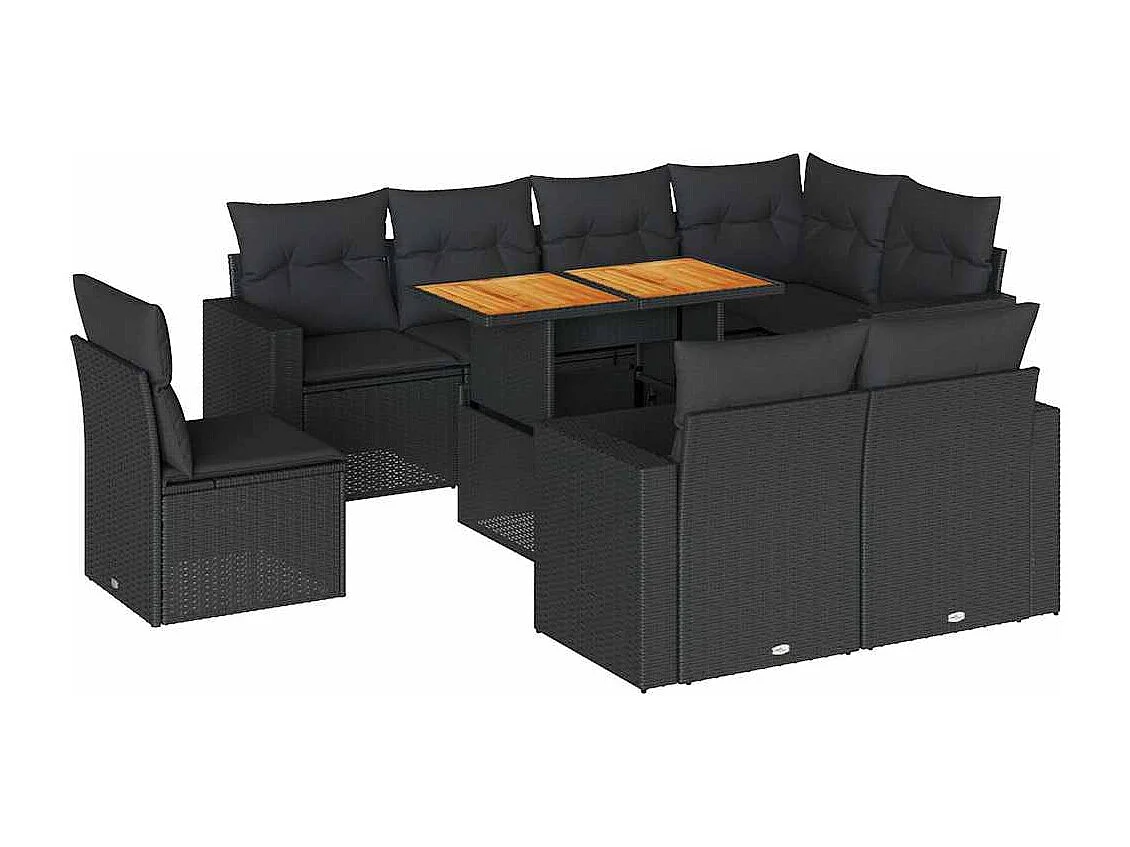 9-delige Loungeset met kussens poly rattan zwart