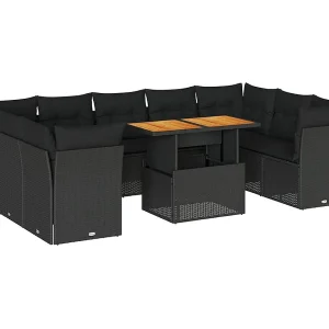 10-delige Loungeset met kussens poly rattan zwart