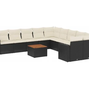 11-delige Loungeset met kussens poly rattan zwart