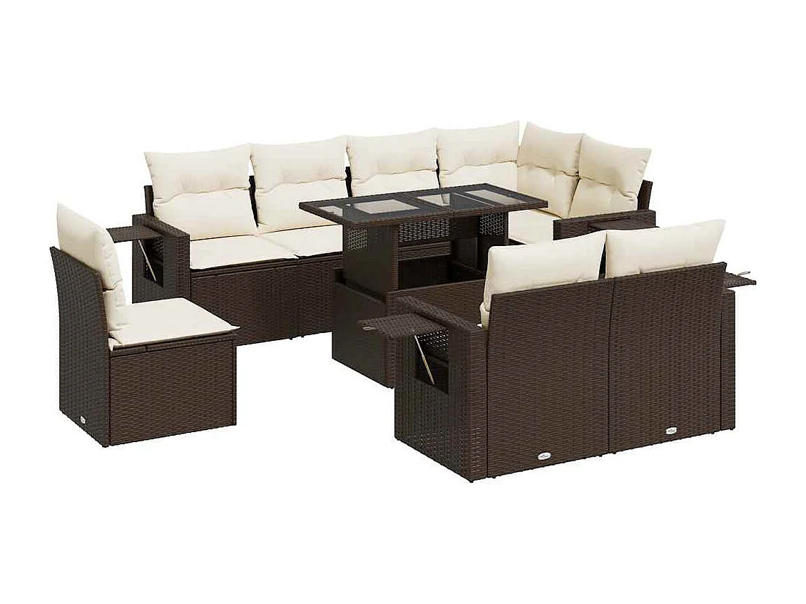 9-delige Loungeset met kussens poly rattan bruin