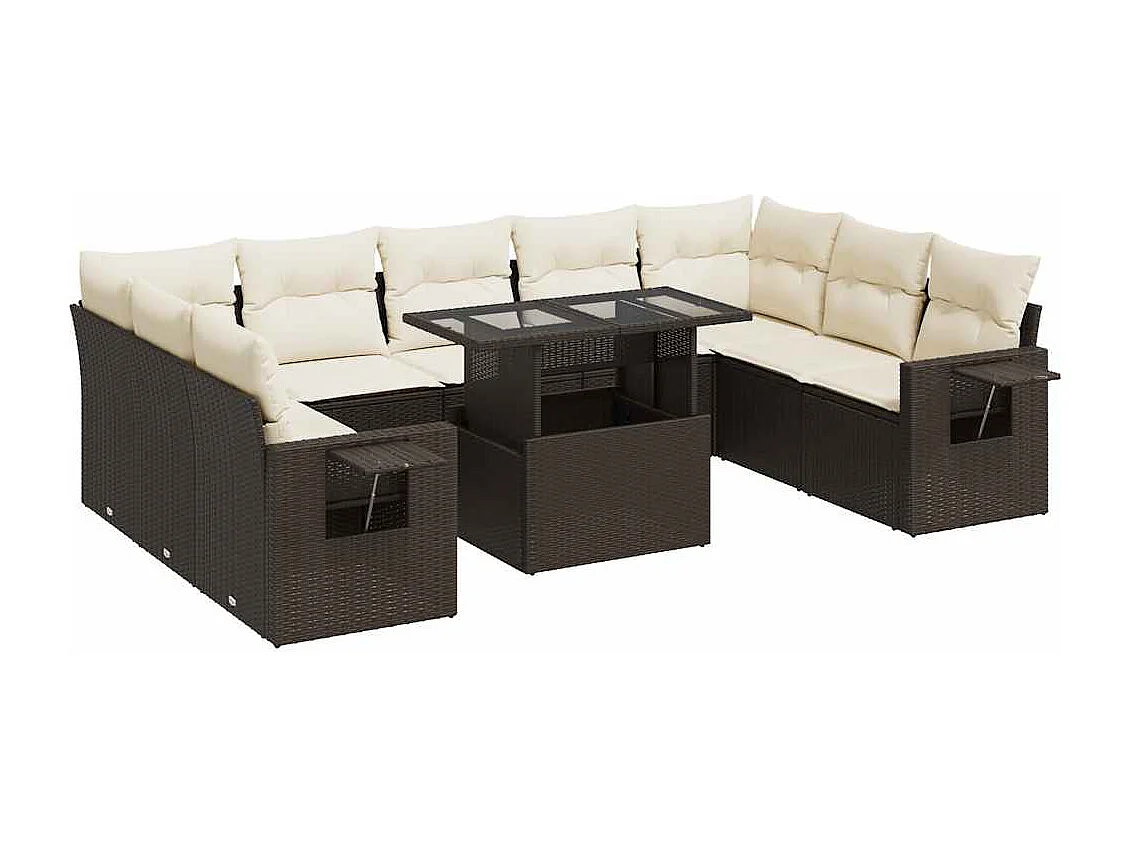 10-delige Loungeset met kussens poly rattan bruin