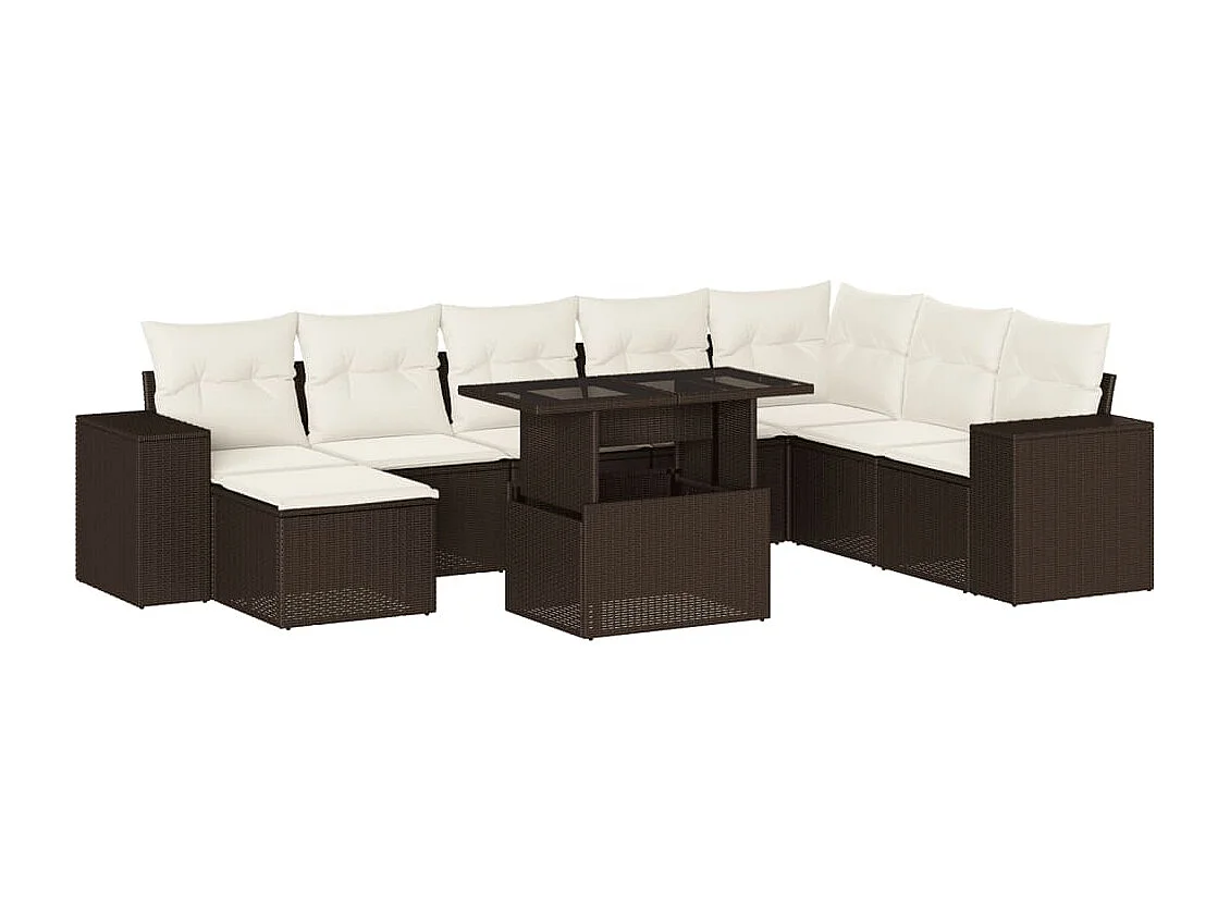 9-delige Loungeset met kussens poly rattan bruin