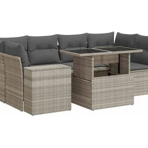 7-delige Loungeset met kussens poly rattan lichtgrijs