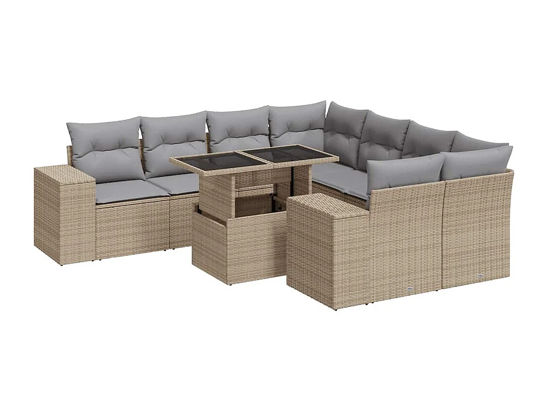 9-delige Loungeset met kussens poly rattan beige