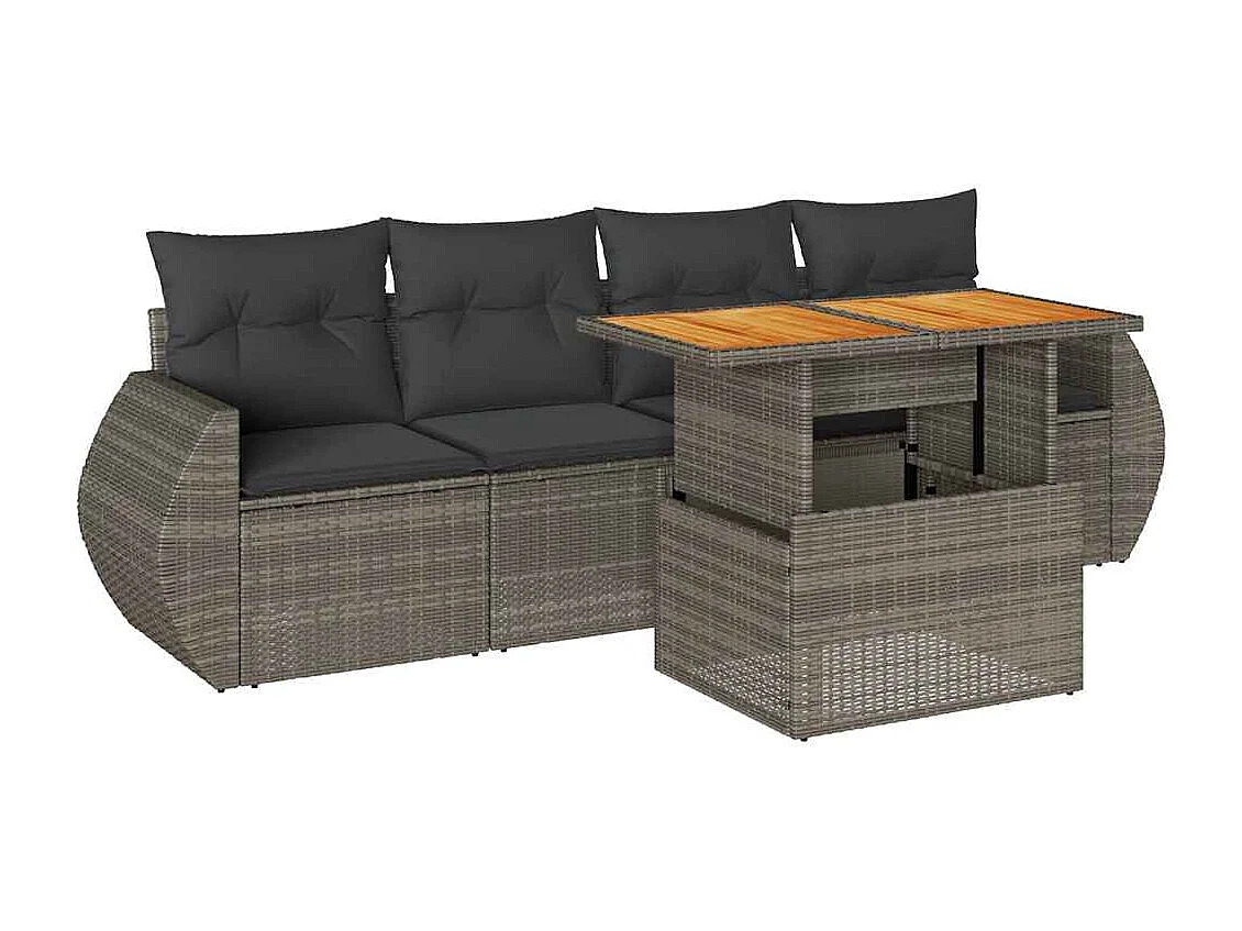 5-delige Loungeset met kussens poly rattan grijs