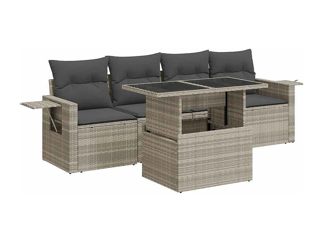 5-delige Loungeset met kussens poly rattan lichtgrijs