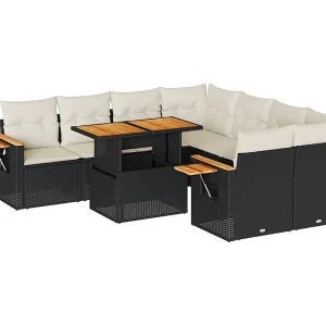 9-delige Loungeset met kussens poly rattan acacia zwart 9-delige Loungeset met kussens poly rattan acacia zwart