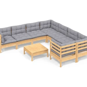 9-delige Loungeset met grijze kussens grenenhout 9-delige Loungeset met grijze kussens grenenhout