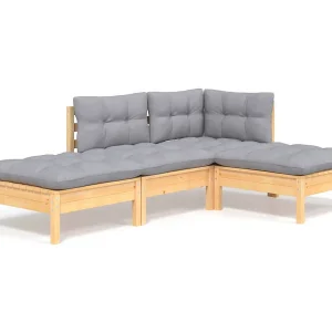 4-delige Loungeset met grijze kussens massief grenenhout 4-delige Loungeset met grijze kussens massief grenenhout