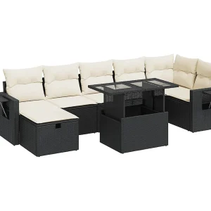 8-delige Loungeset met kussens poly rattan zwart