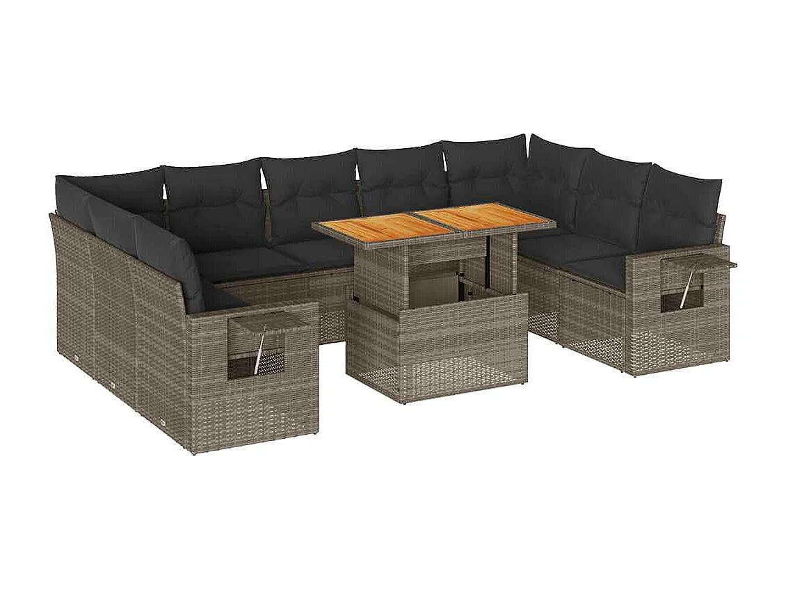 10-delige Loungeset met kussens poly rattan grijs