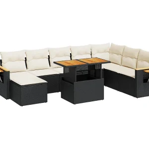 9-delige Loungeset met kussens poly rattan acacia zwart 9-delige Loungeset met kussens poly rattan acacia zwart