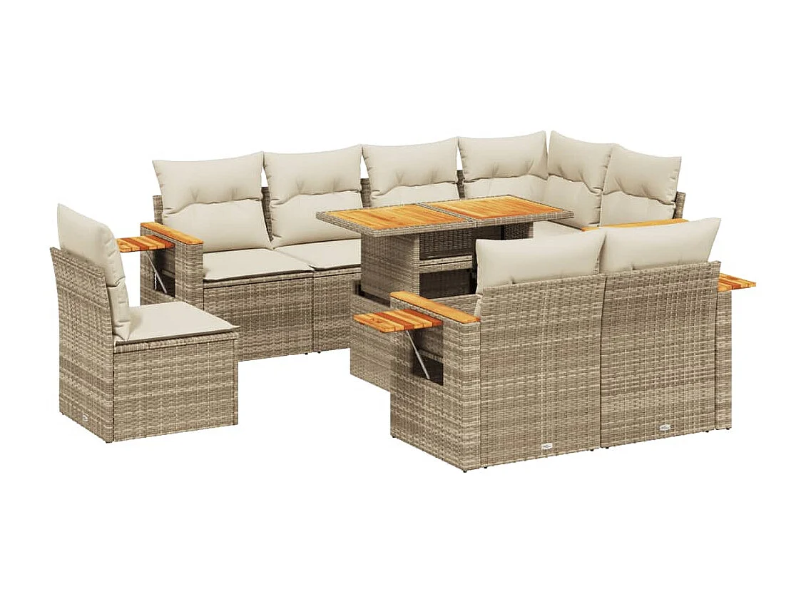 9-delige Loungeset met kussens poly rattan beige