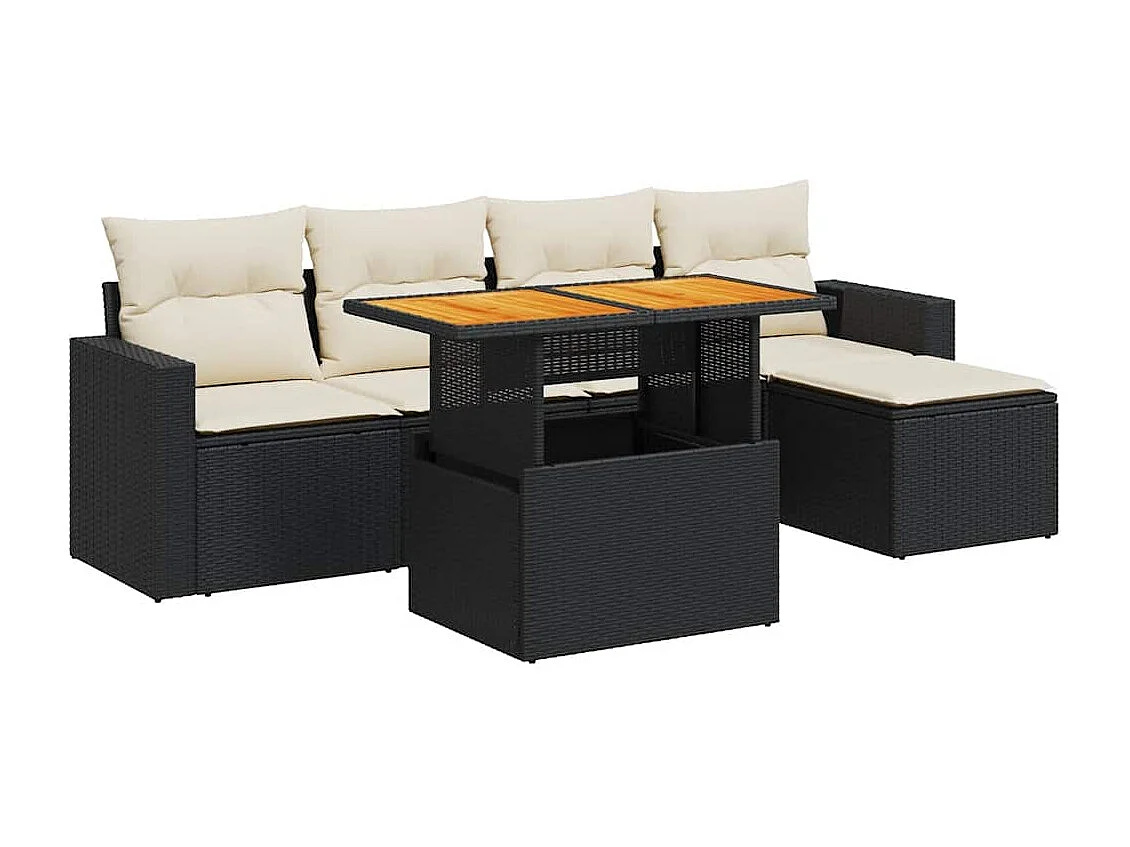 6-delige Loungeset met kussens poly rattan zwart