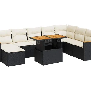 9-delige Loungeset met kussens poly rattan acacia zwart 9-delige Loungeset met kussens poly rattan acacia zwart