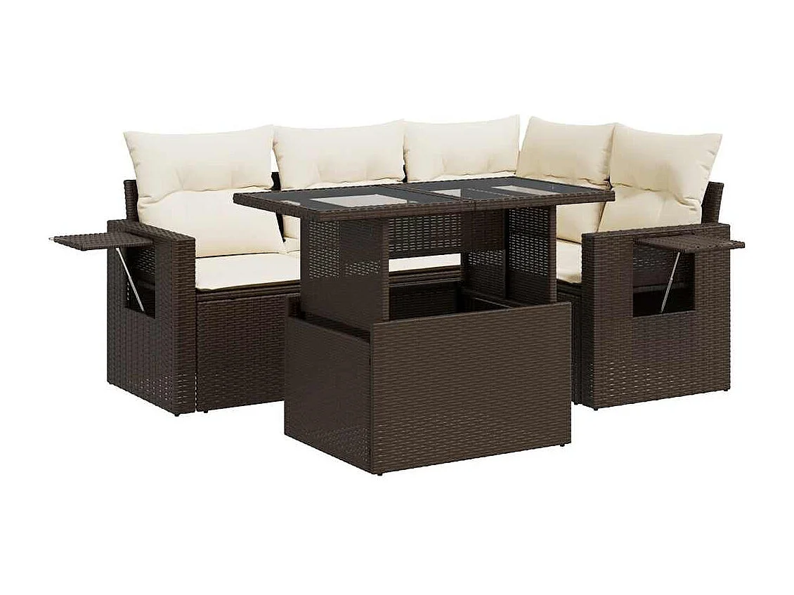 5-delige Loungeset met kussens poly rattan bruin