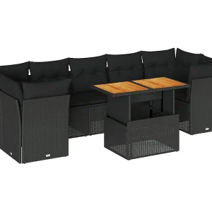 8-delige Loungeset met kussens poly rattan zwart