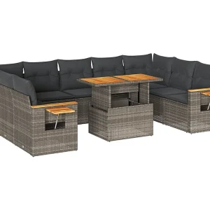 10-delige Loungeset met kussens poly rattan acacia grijs