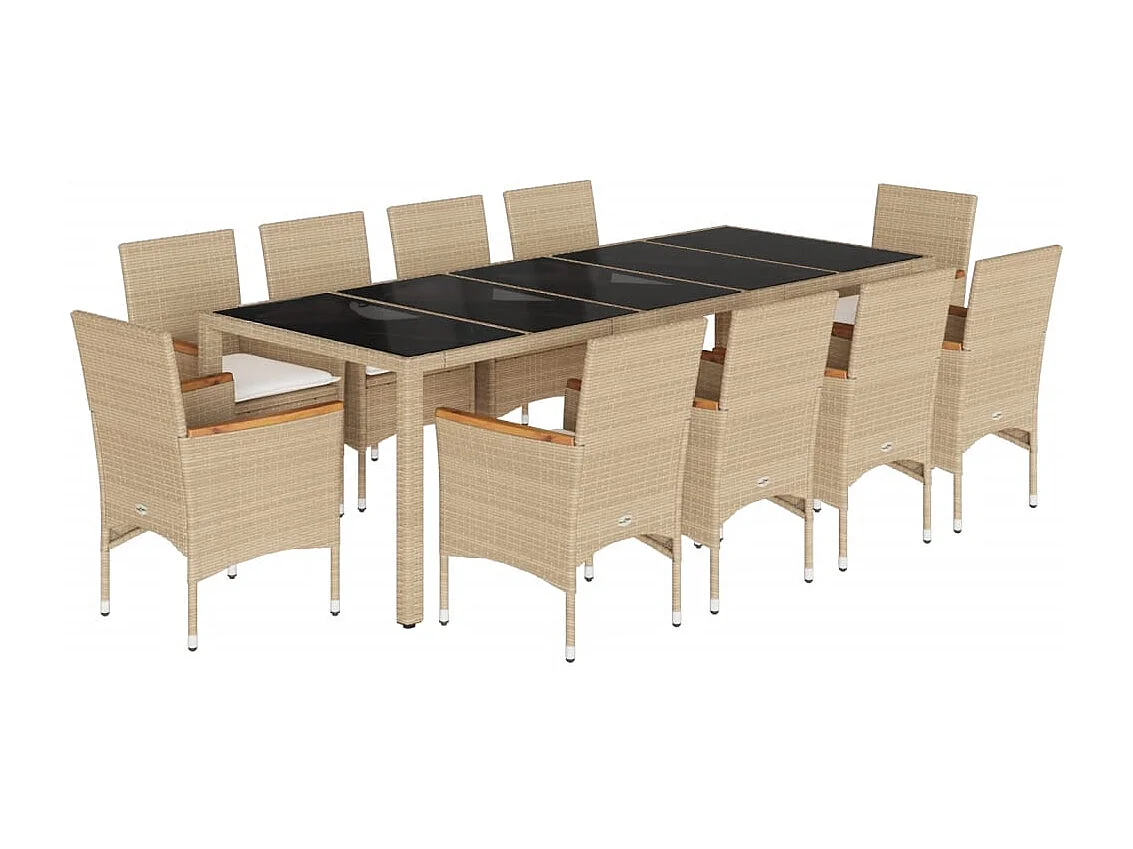 11-delige Tuinset met kussens poly rattan en glas beige