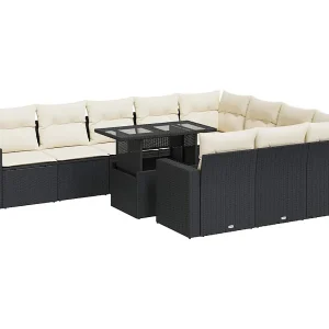 11-delige Loungeset met kussens poly rattan zwart