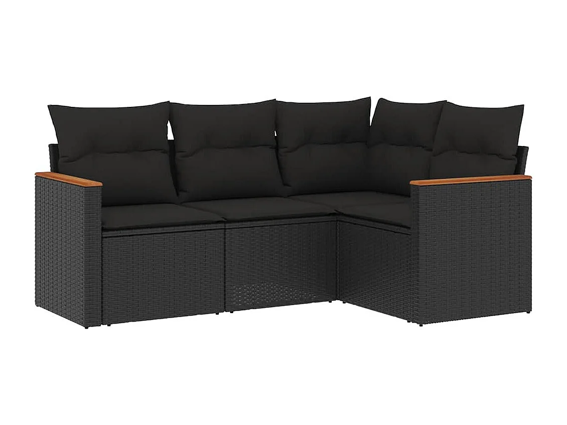 4-delige Loungeset met kussens poly rattan zwart