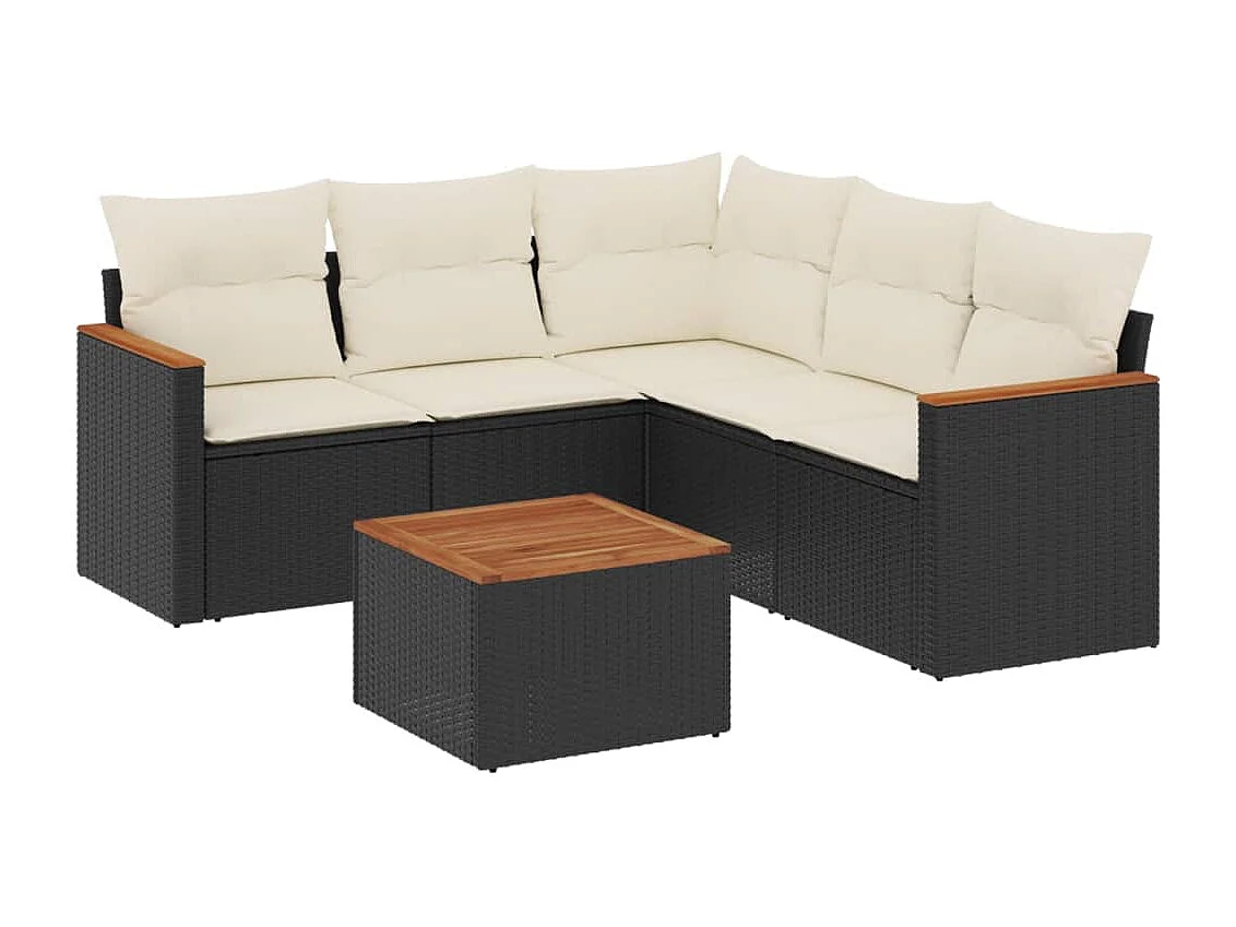 6-delige Loungeset met kussens poly rattan zwart