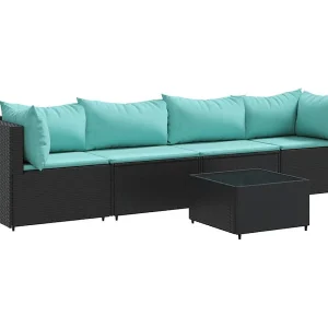 5-delige Loungeset met kussens poly rattan zwart 5-delige Loungeset met kussens poly rattan zwart