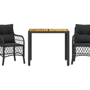 3-delige Bistroset met kussens poly rattan zwart