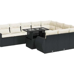 11-delige Loungeset met kussens poly rattan zwart