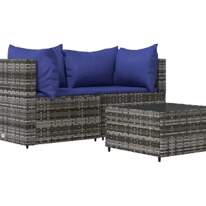 3-delige Loungeset met kussens poly rattan grijs