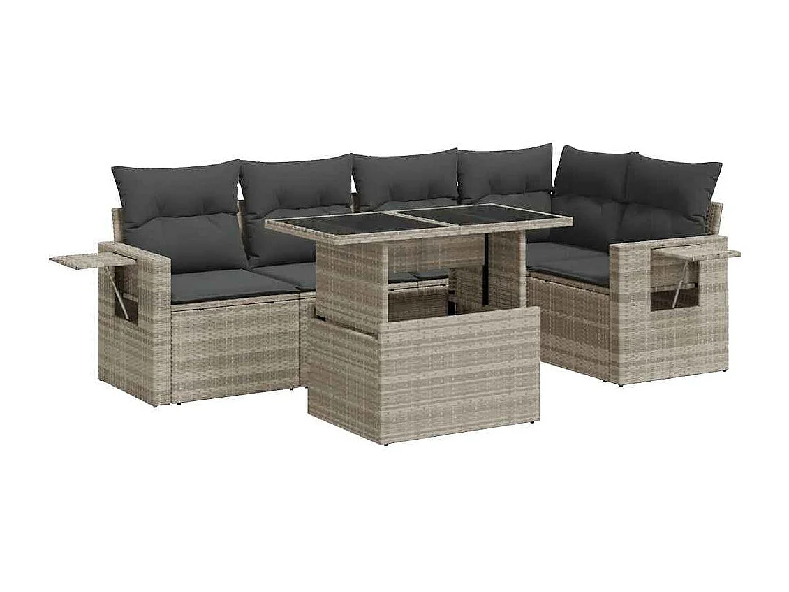6-delige Loungeset met kussens poly rattan lichtgrijs