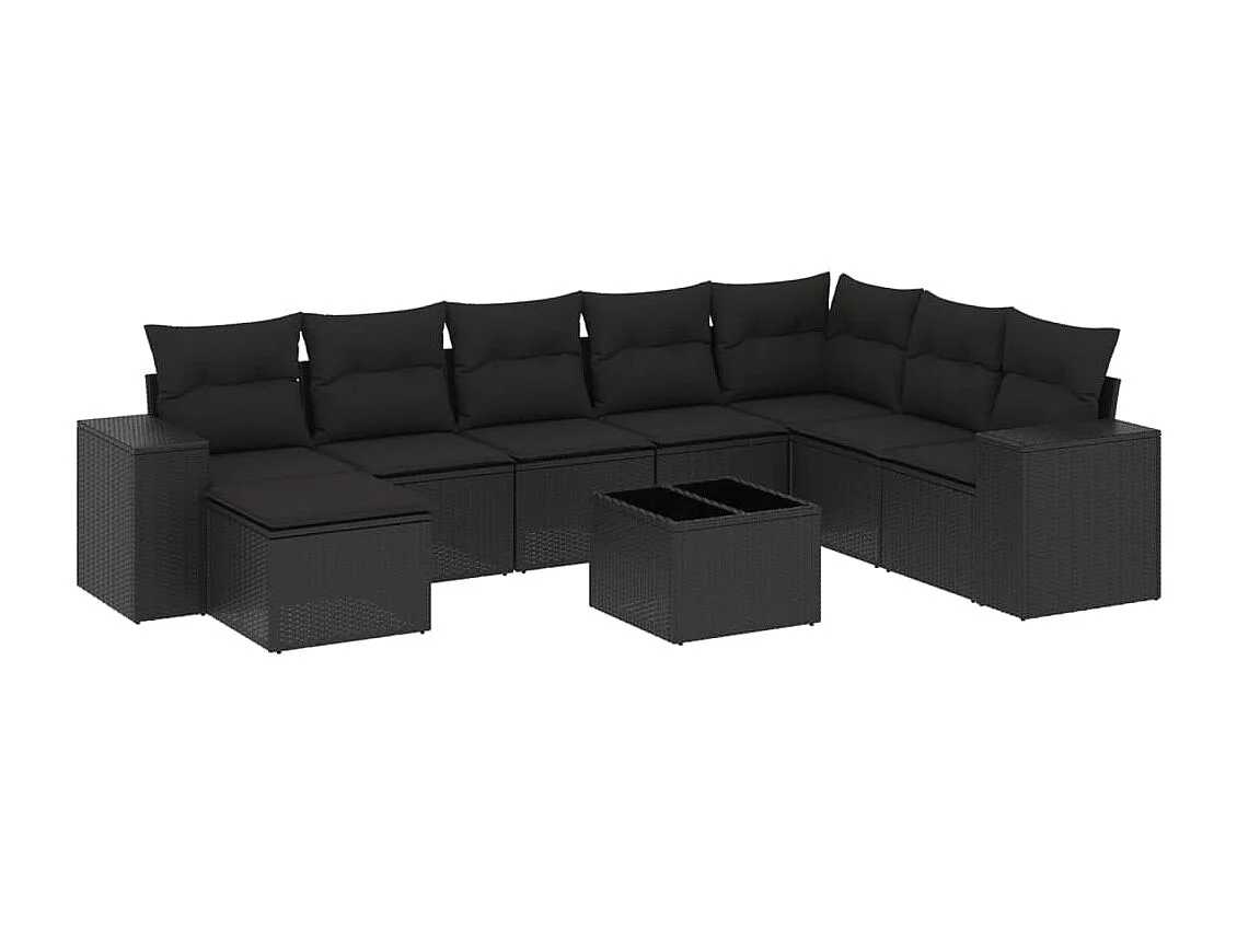 9-delige Loungeset met kussens poly rattan zwart