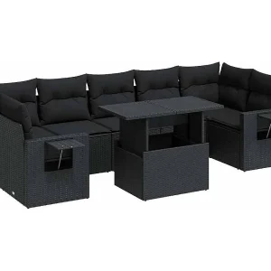 8-delige Loungeset met kussens poly rattan zwart