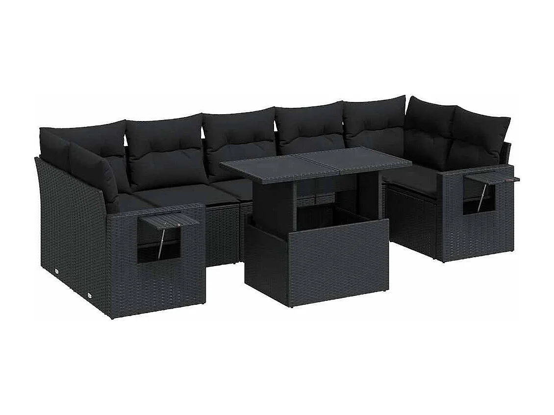 8-delige Loungeset met kussens poly rattan zwart