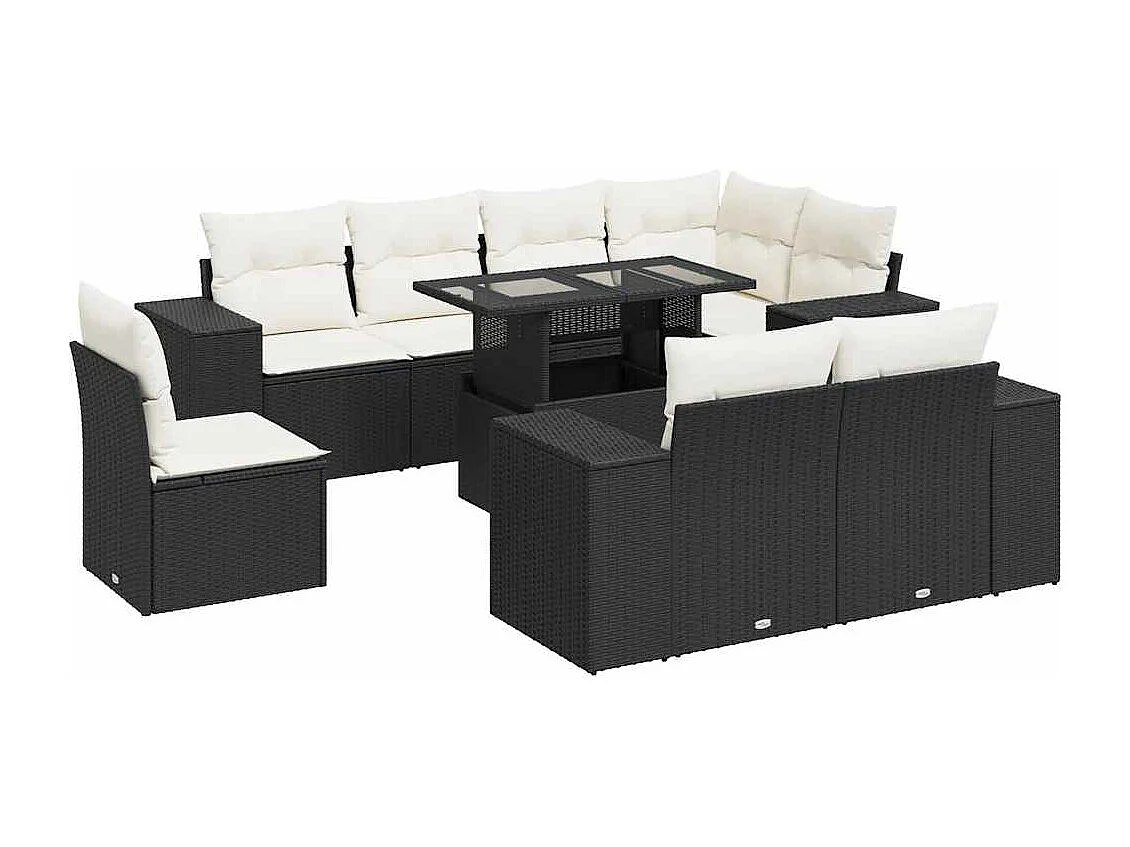 9-delige Loungeset met kussens poly rattan zwart