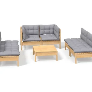 7-delige Loungeset met grijze kussens grenenhout 7-delige Loungeset met grijze kussens grenenhout