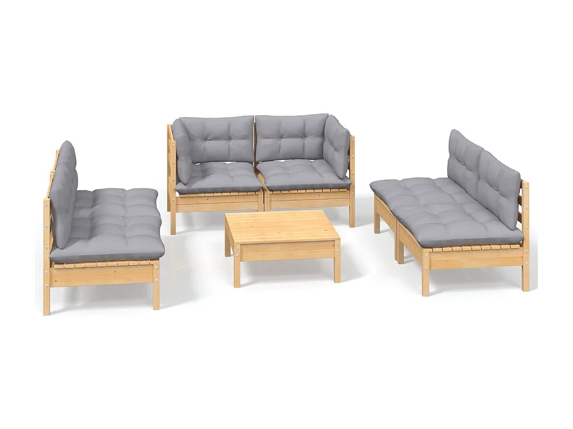 7-delige Loungeset met grijze kussens grenenhout