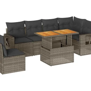 7-delige Loungeset met kussens poly rattan grijs