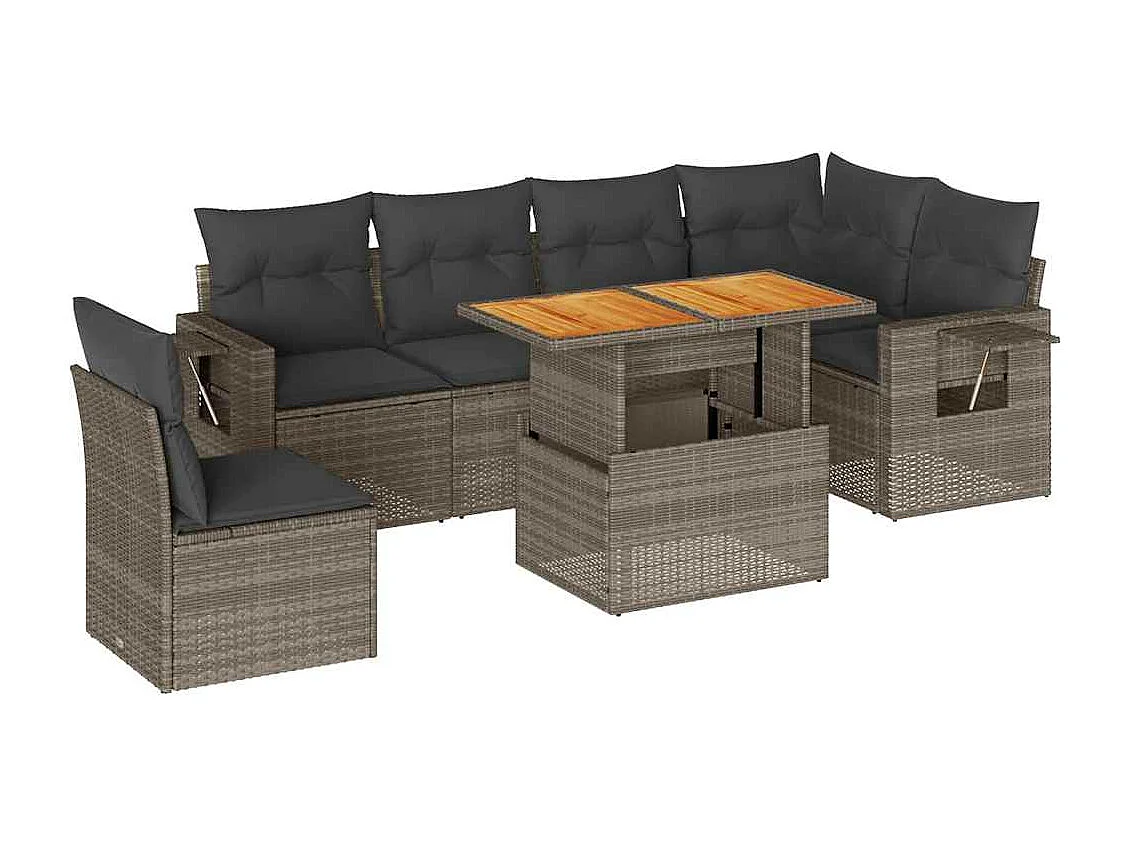 7-delige Loungeset met kussens poly rattan grijs