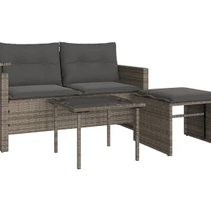 3-delige Loungeset met kussens poly rattan grijs