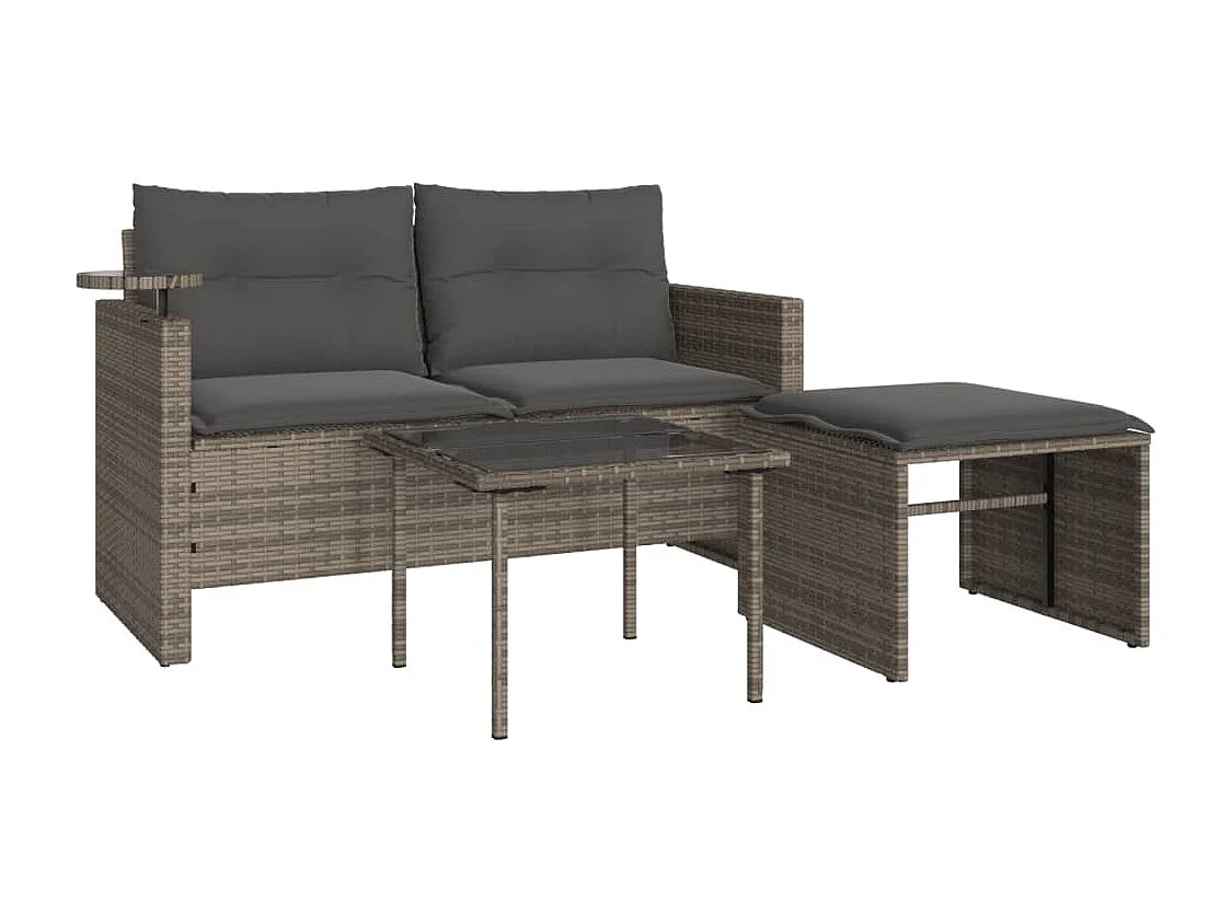 3-delige Loungeset met kussens poly rattan grijs