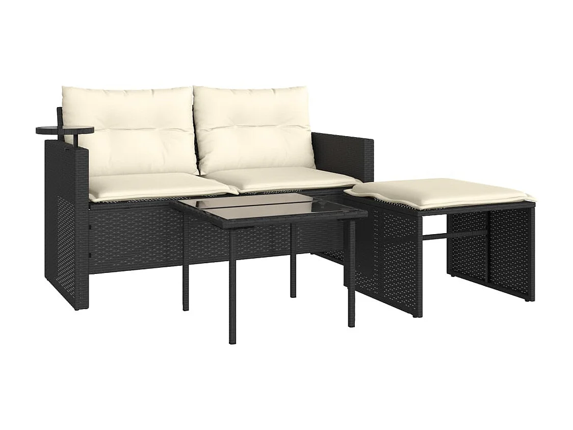 3-delige Loungeset met kussens poly rattan zwart