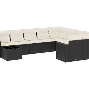 10-delige Loungeset met kussens poly rattan zwart